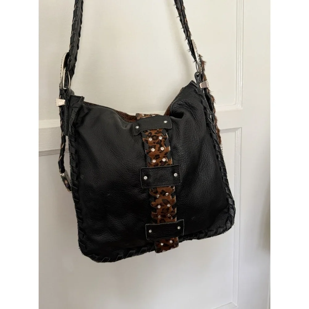 Charm And Luck Bag Y2K Leather Ponyhair Rhinestones Buckles Stud‎ Gold VTG